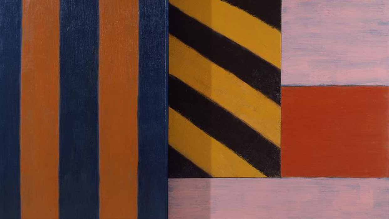 Abstraktes Gemälde von Sean Scully mit vertikalen und diagonalen Streifen in Blau, Orange, Schwarz, Gelb, Rot und Rosa, ausgestellt im Bucerius Kunst Forum.