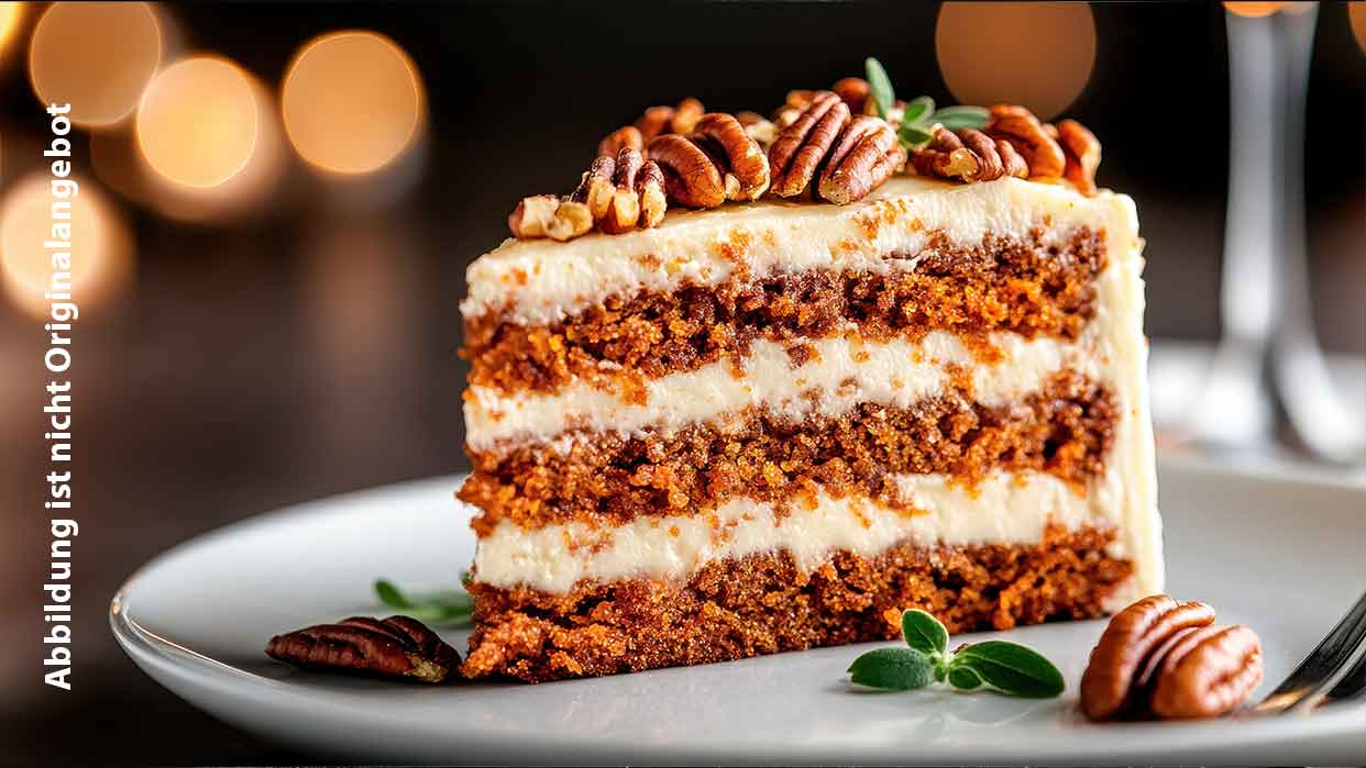 Mehrschichtiger Nusskuchen mit Frischkäse-Frosting, garniert mit Pekannüssen und frischer Minze auf weißem Teller.