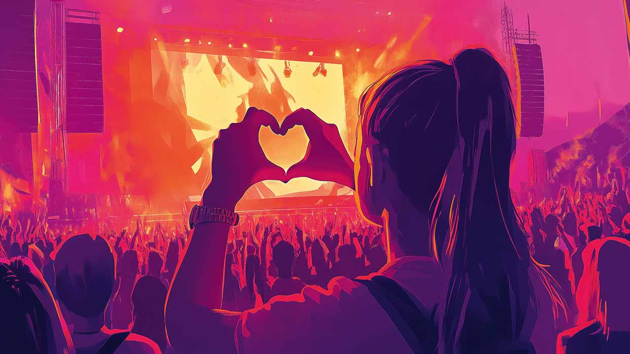 Frau mit Pferdeschwanz formt mit den Händen ein Herz vor einer Bühne bei einem Konzert mit vielen Zuschauern.