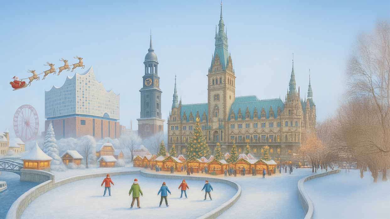 Verschneite Hamburger Innenstadt mit Rathaus, Weihnachtsmarkt, Eisläufern auf zugefrorenem Kanal und Santa Claus mit Rentierschlitten am Himmel.