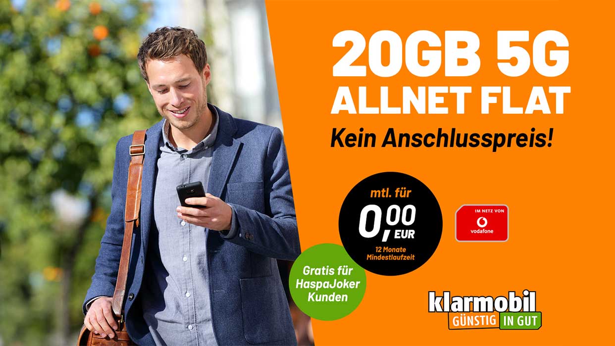 klarmobi-Angebot für HaspaJoker Kunden mit 20GB 5G Allnet Flat ohne Anschlussgebühr, monatlich 0,00 Euro für 12 Monate, im Vodafone-Netz.