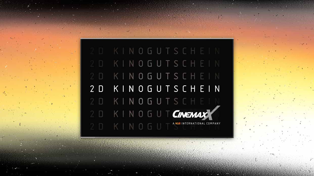 Schwarzer Kinogutschein mit weißem Text '2D KINOGUTSCHEIN' und CinemaxX-Logo auf gelb-orangefarbenem Hintergrund.