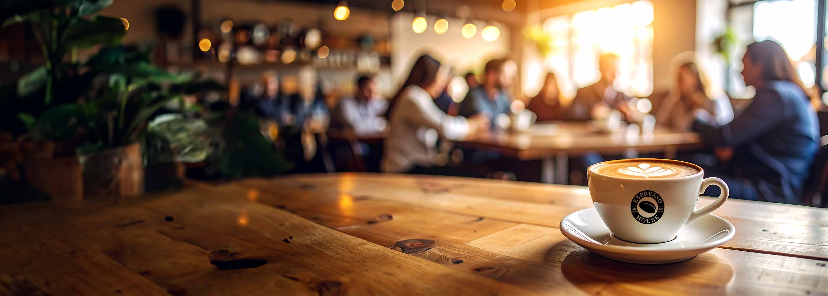 Kaffeetasse mit Espresso House-Logo auf Holztisch, unscharfer Hintergrund mit mehreren Personen in Café-Atmosphäre.
