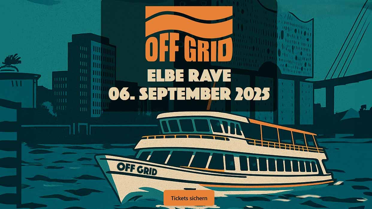 Werbeplakat für Off Grid Elbe Rave am 6. September 2025 mit einem Ausflugsboot namens 'Off Grid' vor der Elbphilharmonie in Hamburg.