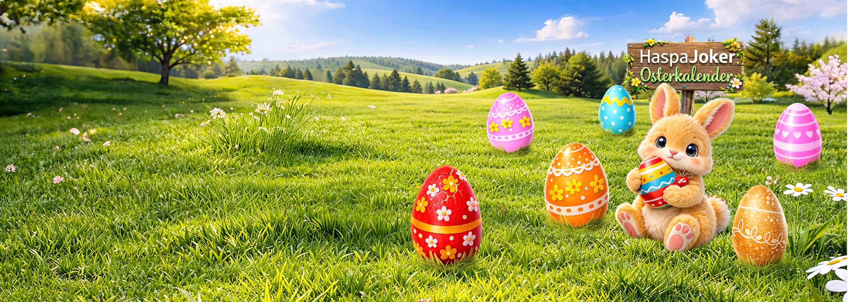 Grüne Wiese mit bunten Ostereiern und einem sitzenden Hasen vor einem Schild mit der Aufschrift 'HaspaJoker Osterkalender'