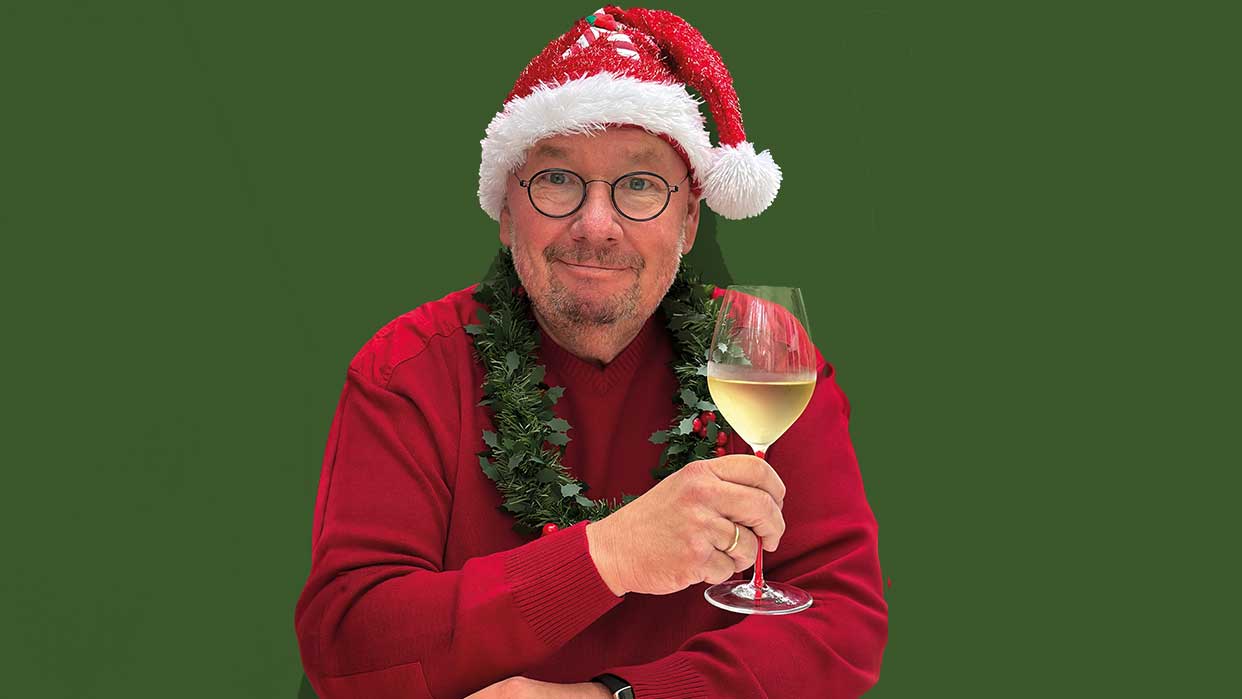 Person mit rotem Pullover, Weihnachtsmannmütze und grüner Girlande hält ein Weinglas mit weißem Wein in der Hand.
