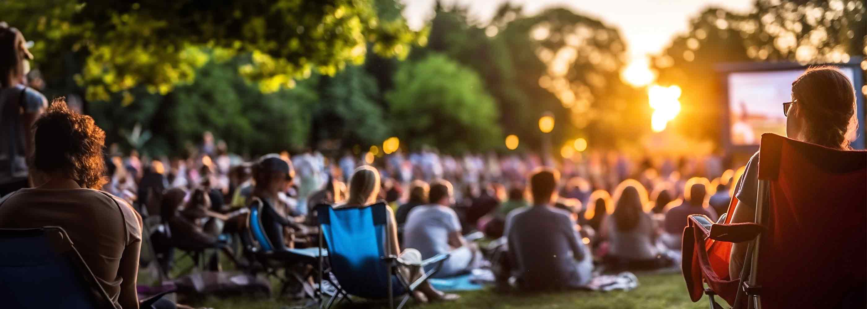 Menschen sitzen auf einer Wiese und schauen bei Sonnenuntergang einen Film auf einer großen Leinwand im Freien.