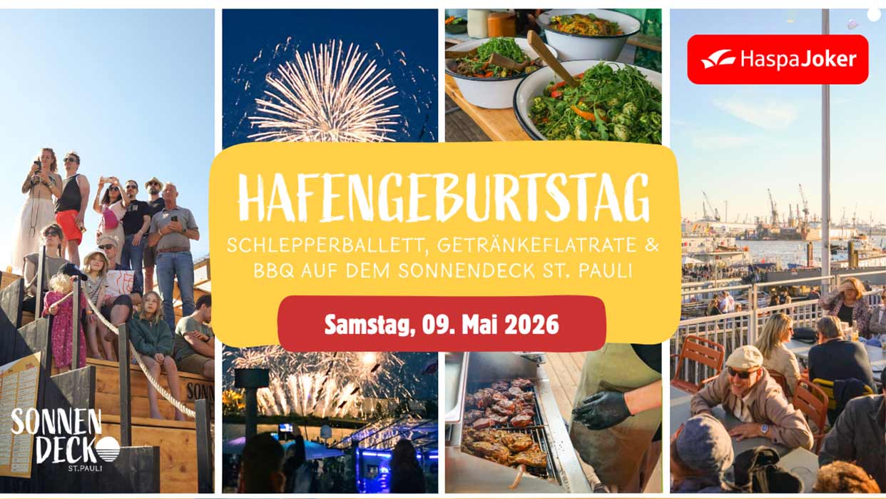 Menschen auf Sonnendeck mit Hafenblick, Schiffe und Feuerwerk, BBQ und Textbanner zum Hafengeburtstag St. Pauli am 9. Mai 2026.
