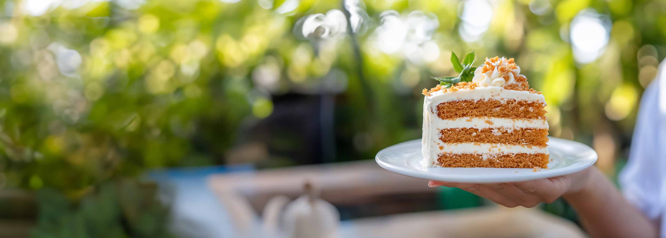 Ein Stück mehrschichtiger Kuchen garniert mit Krokant auf einem weißen Teller, gehalten von einer Hand vor unscharfem Gartenhintergrund.