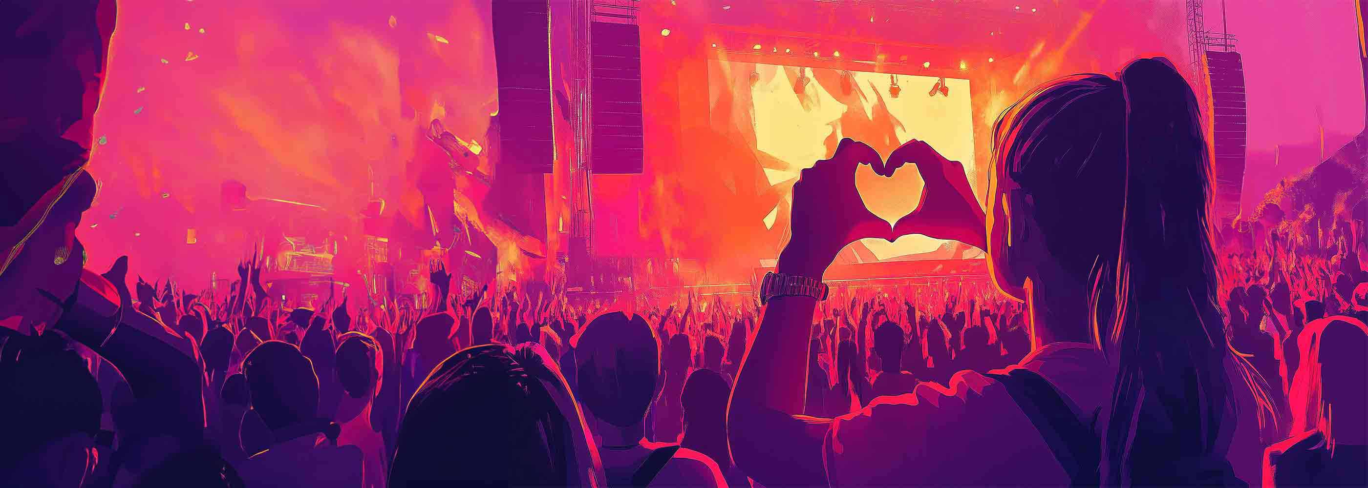 Menschenmenge bei Konzert mit Bühnenbeleuchtung, eine Person formt mit den Händen ein Herzsymbol vor der Bühne.