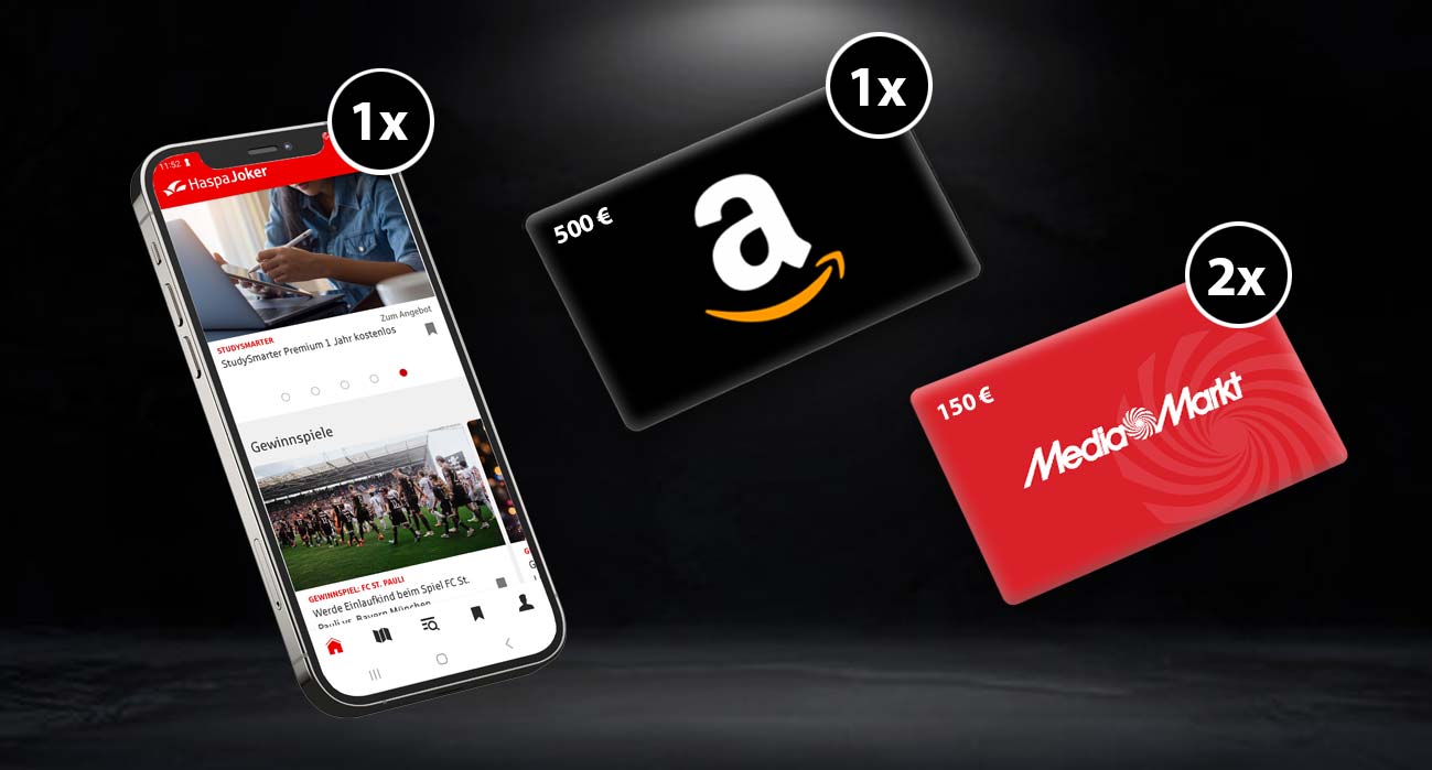 Smartphone mit geöffneter HaspaJoker Appe, eine 500€-Amazon-Geschenkkarte und zwei 150€ MediaMarkt-Geschenkkarten auf schwarzem Hintergrund.