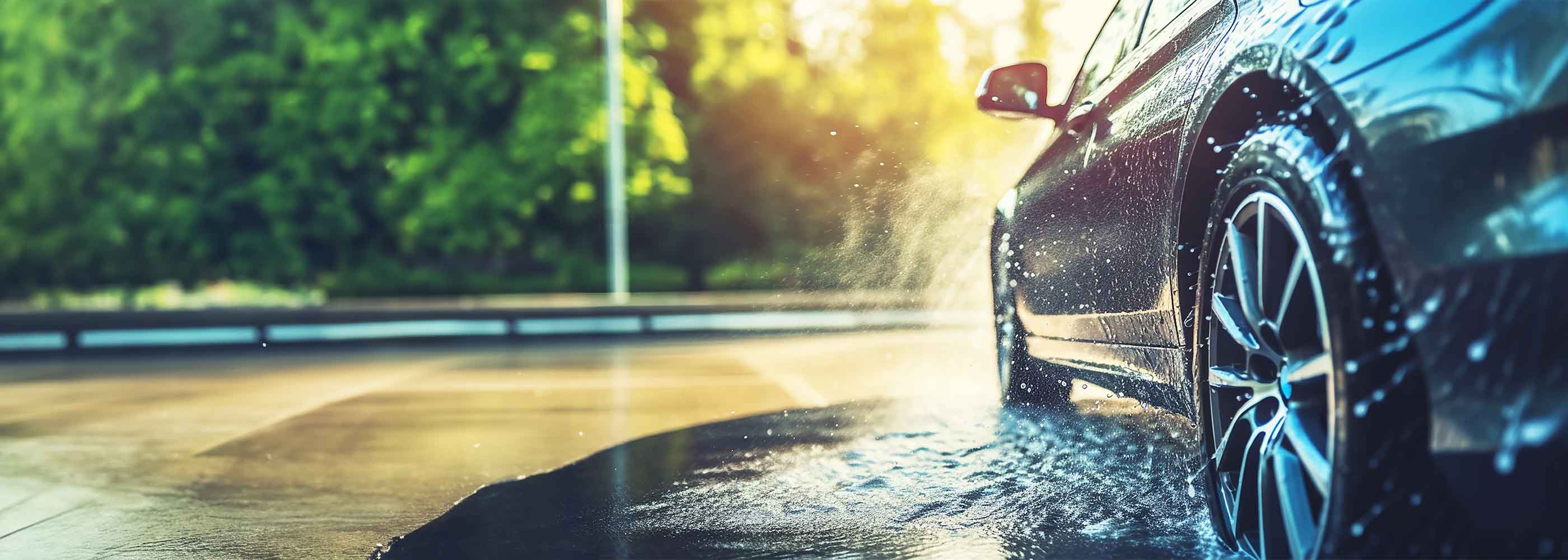 Schwarzes Auto wird bei Autowäsche mit Wasser abgespritzt, Sonnenlicht und grüne Bäume im Hintergrund.