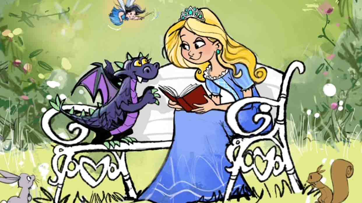 Prinzessin in blauem Kleid sitzt auf weißer Bank und liest Buch, neben ihr sitzt ein kleiner lila Drache, umgeben von Waldtieren und Blumen.