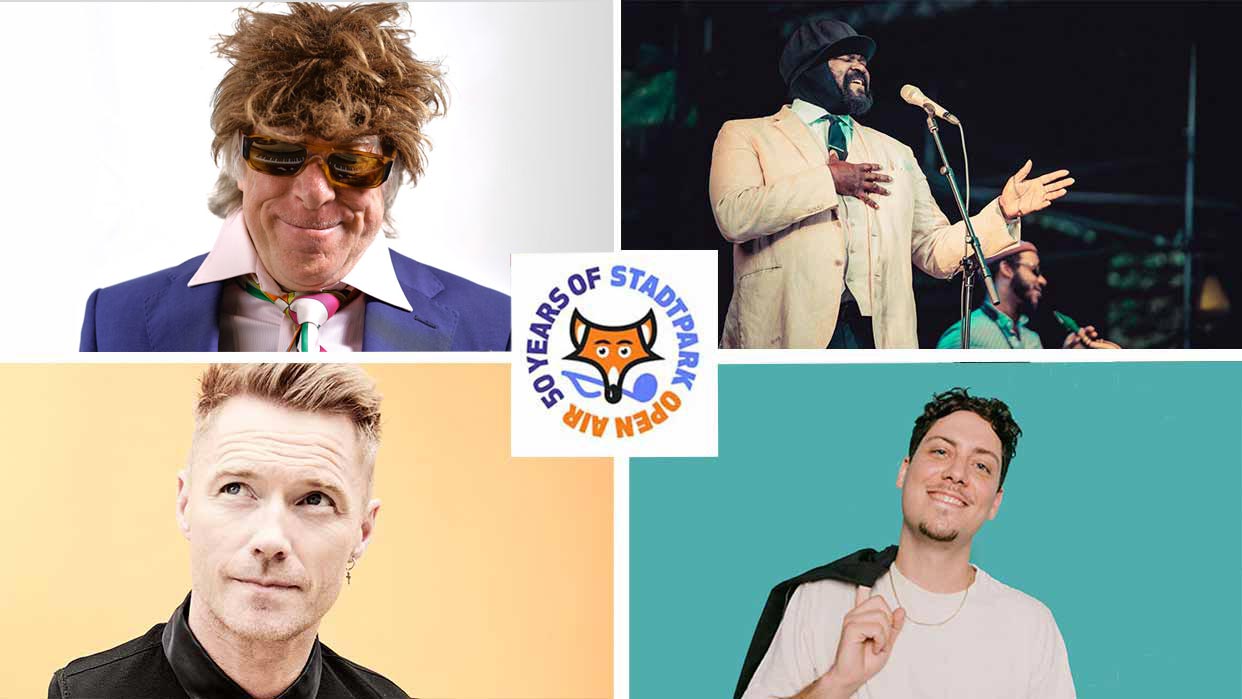Vier Musikerporträts mit dem Stadtpark-Logo in der Mitte: Helge Schneider, Georgy Porter, Ronan Keating und Best of Poetry Slam.