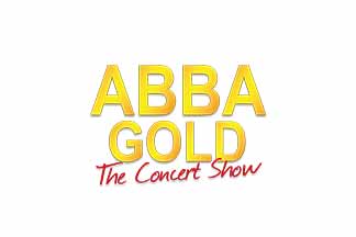 Gelb-goldene Schrift 'ABBA GOLD' mit roter Schrift 'The Concert Show' darunter auf weißem Hintergrund.