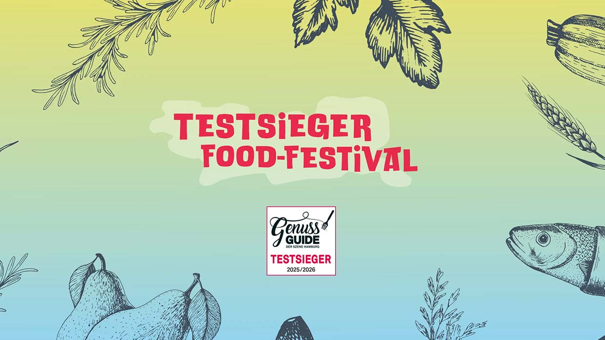 Schriftzug 'Testsieger Food-Festival' mit Genuss Guide Testsieger 2025/2026 Logo, umgeben von gezeichneten Kräutern, Fisch und Gemüse.
