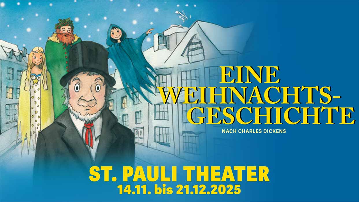 Illustration zu Eine Weihnachtsgeschichte: Mann mit Zylinder, drei Geister, winterliche Stadt. Text: St. Pauli Theater, 14.11.–21.12.2025.