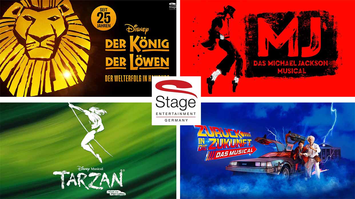 Vier Werbebilder für Musicals: oben links 'Der König der Löwen', oben rechts  'MJ Das Michael Jackson Musical', unten links 'Tarzan', unten rechts  'Zurück in die Zukunft Das Musical', in der Mitte das Logo von Stage Entertainment Germany.