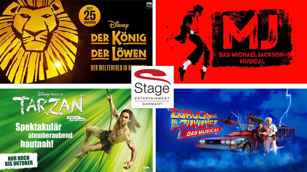 Vier Werbebilder für Musicals: oben links 'Der König der Löwen', oben rechts  'MJ Das Michael Jackson Musical', unten links 'Tarzan', unten rechts  'Zurück in die Zukunft Das Musical', in der Mitte das Logo von Stage Entertainment Germany.