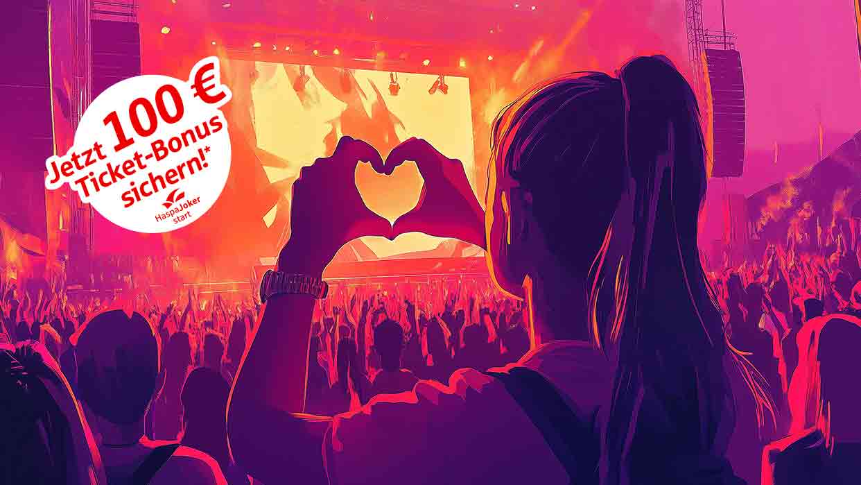 Person mit Pferdeschwanz formt mit den Händen ein Herz vor einer Konzertbühne, davor Publikum und rotes Bühnenlicht, Text 'Jetzt 100€ Ticket-Bonus sichern!'.