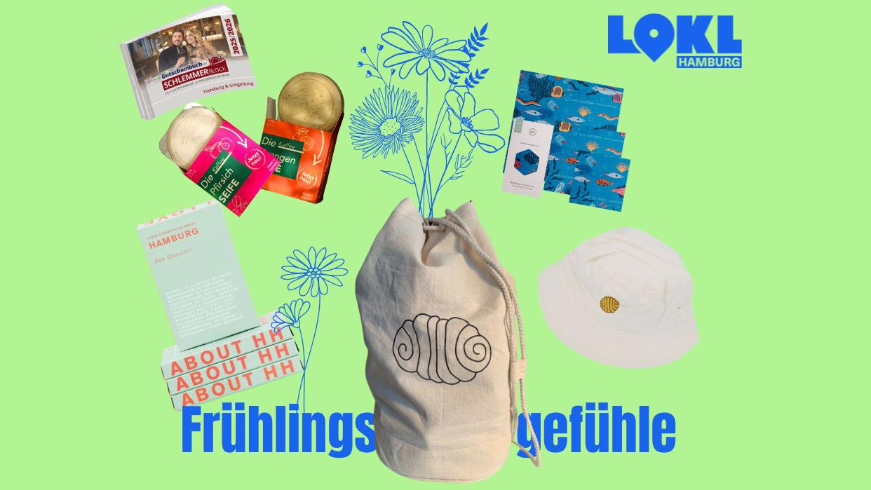 LOKL Hamburg Seesack mit Franzbrötchenmotiv, umgeben von regionalen Produkten und der Aufschrift 'Frühlingsgefühle' auf grünem Hintergrund.