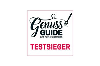 Logo Genuss Guide der Szene Hamburg mit Schriftzug 'Testsieger' und einer Gabel als Designelement.